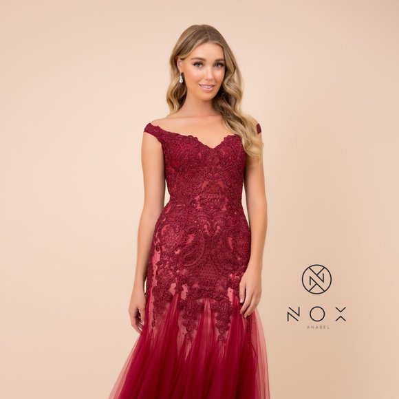 NEW LONG OFF THE SHOULDER SLEEVELESS CHIFFON DRESS EMBROIDERED WITH LACE NX J325 - Picture 3 of 8